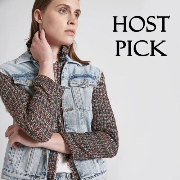 NWT Current / Elliott contrasting denim & tweed short light wash jean jacket - Picture 2 of 16